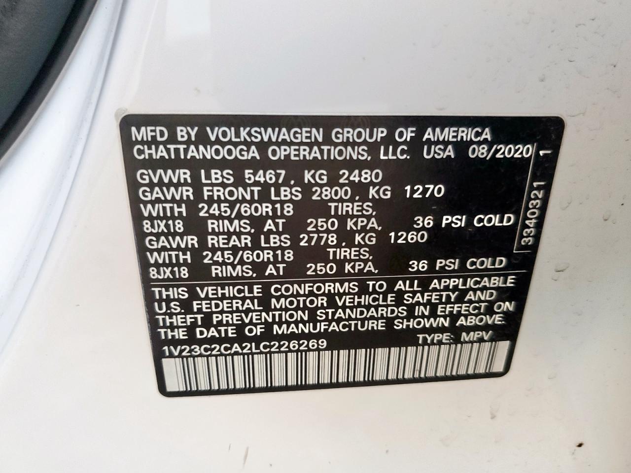 2020 Volkswagen Atlas Cross Sport Se VIN: 1V23C2CA2LC226269 Lot: 89859325