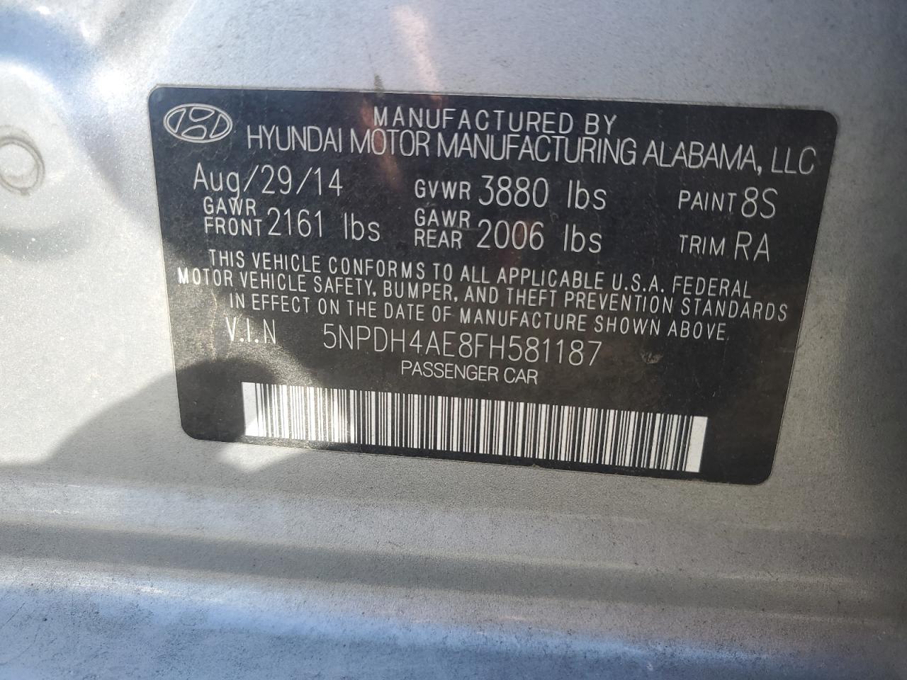 2015 Hyundai Elantra Se VIN: 5NPDH4AE8FH581187 Lot: 91796525