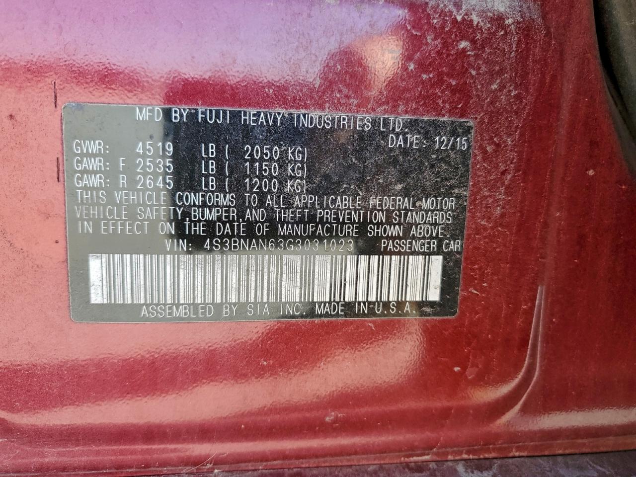 2016 Subaru Legacy 2.5I Limited VIN: 4S3BNAN63G3031023 Lot: 94707075