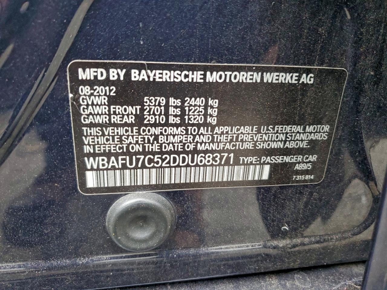 2013 BMW 535 Xi VIN: WBAFU7C52DDU68371 Lot: 93401485