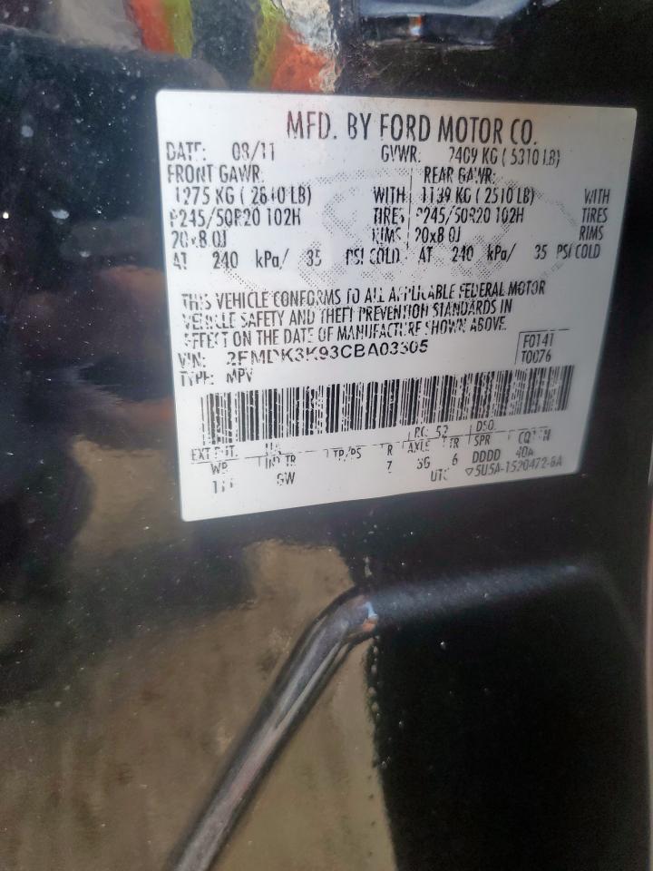 2012 Ford Edge Limited VIN: 2FMDK3K93CBA03305 Lot: 92441275