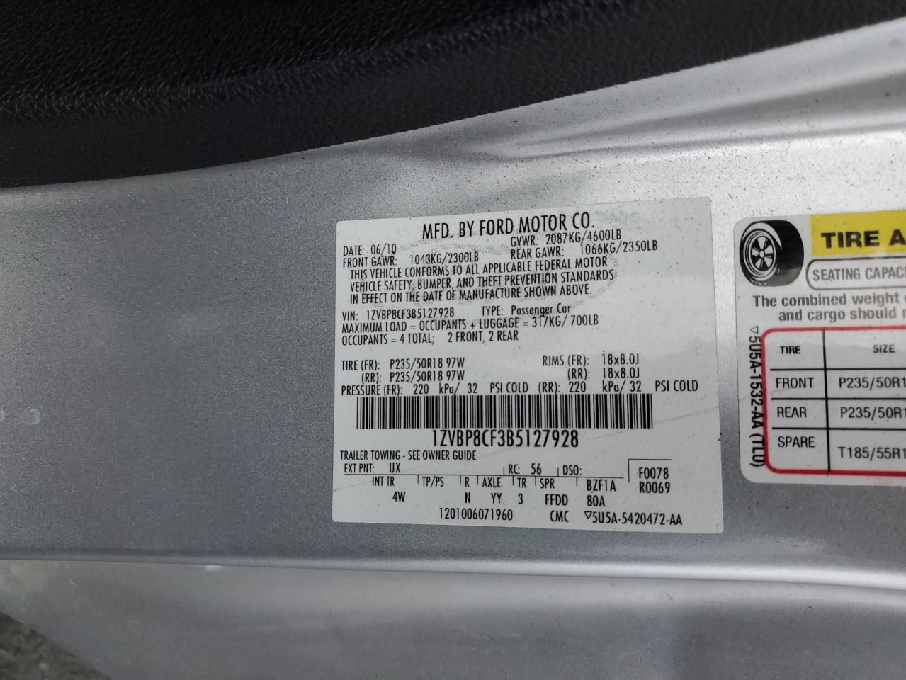 2011 Ford Mustang Gt VIN: 1ZVBP8CF3B5127928 Lot: 92234745