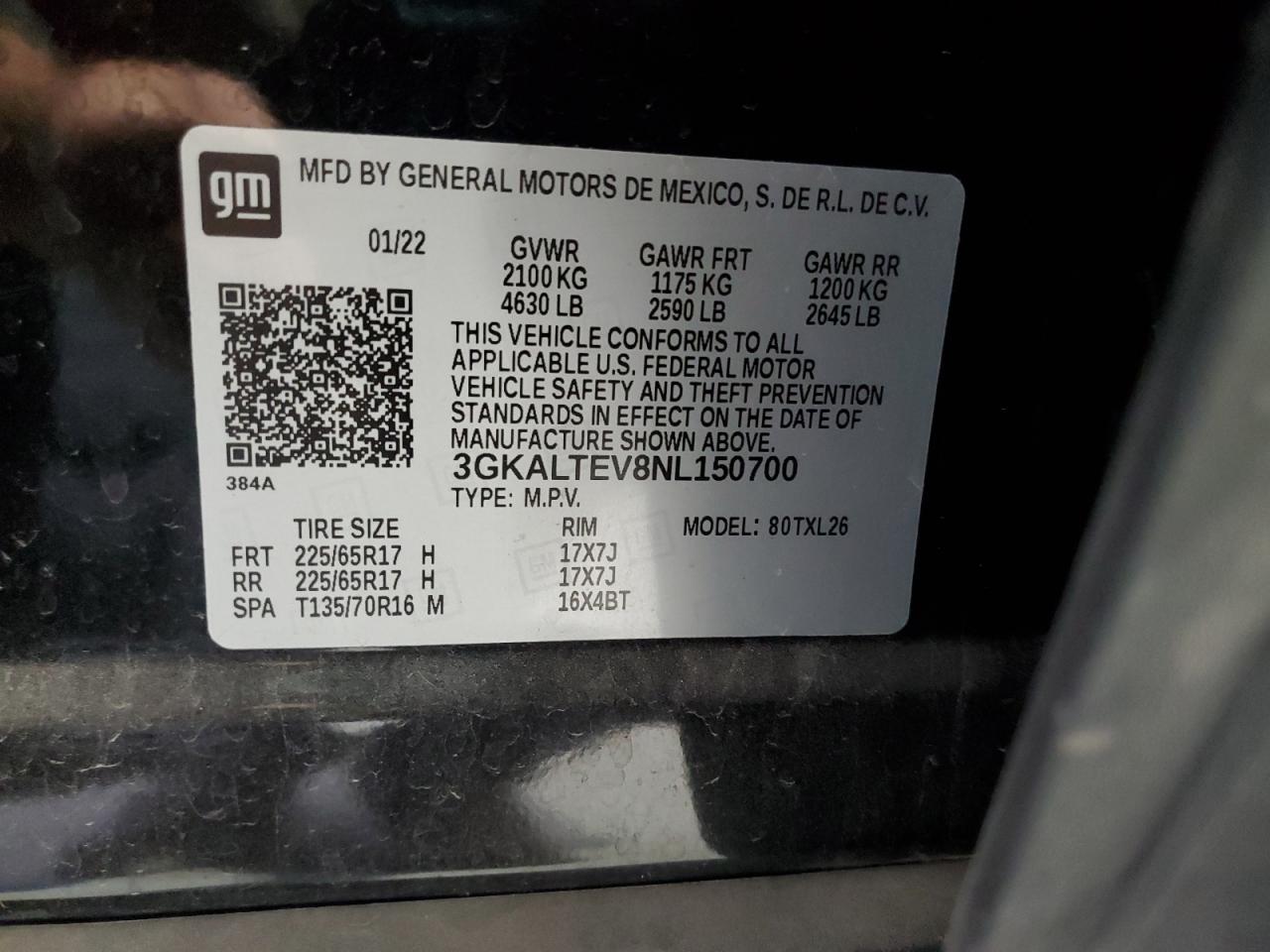 2022 GMC Terrain Sle VIN: 3GKALTEV8NL150700 Lot: 91888255