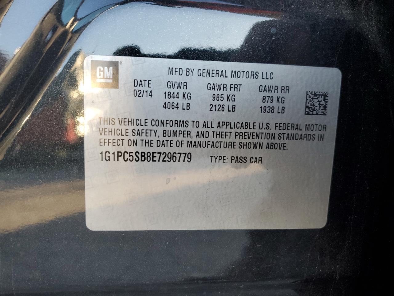 2014 Chevrolet Cruze Lt VIN: 1G1PC5SB8E7296779 Lot: 92220615