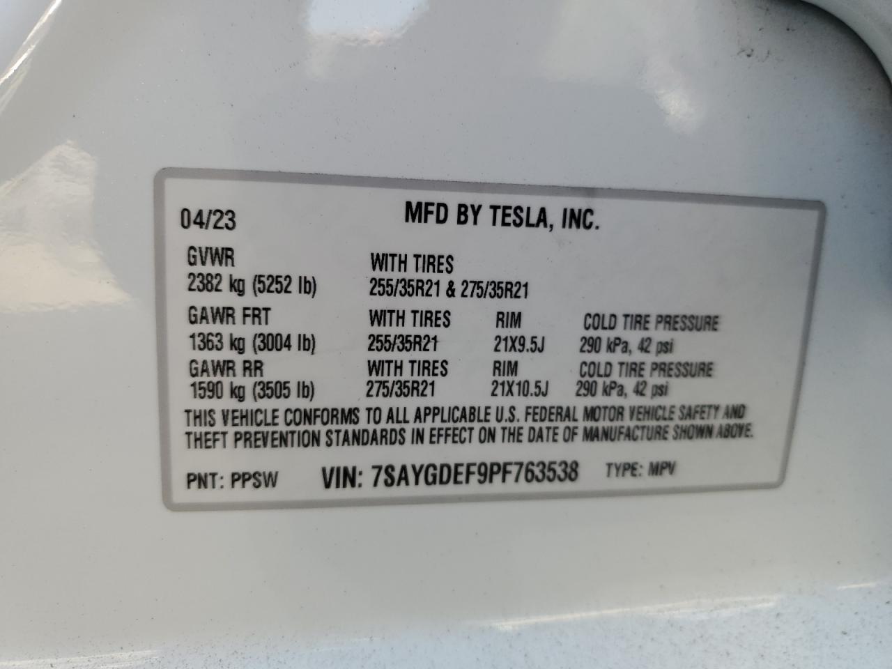 2023 Tesla Model Y VIN: 7SAYGDEF9PF763538 Lot: 91435115
