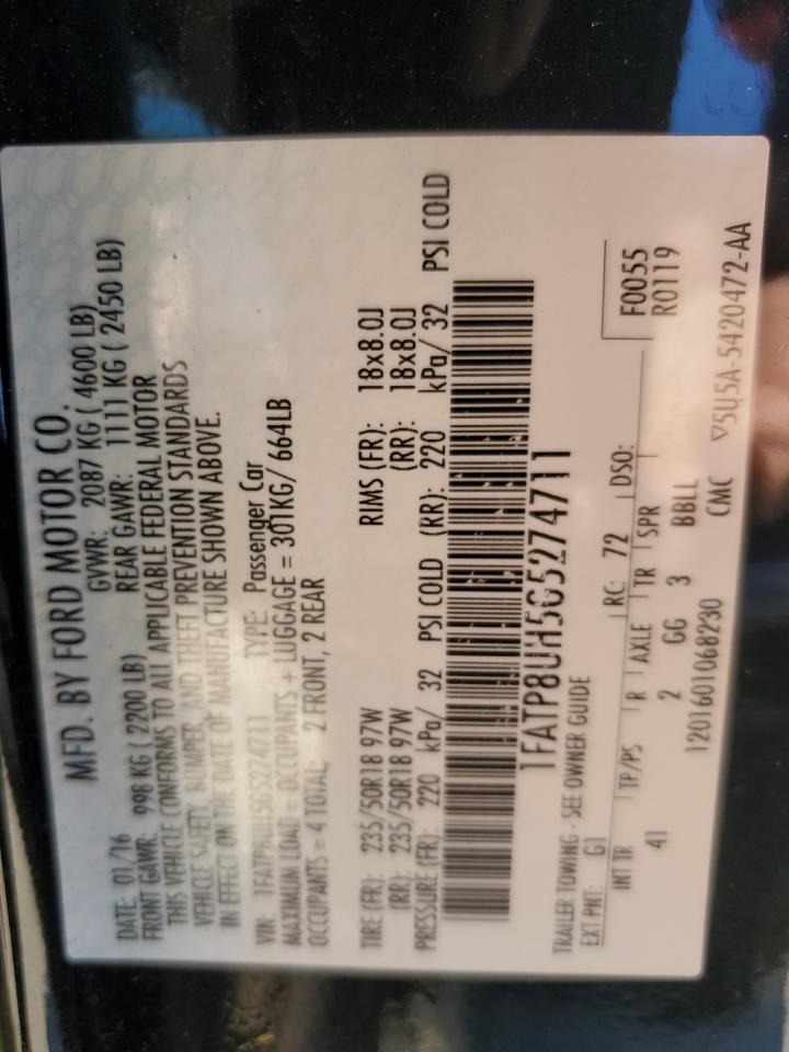 2016 Ford Mustang VIN: 1FATP8UH5G5274711 Lot: 92156545