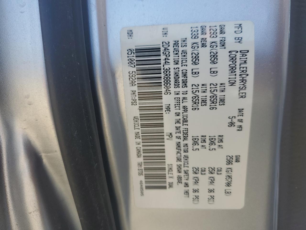 2006 Dodge Grand Caravan Sxt VIN: 2D4GP44L36R886046 Lot: 91505435