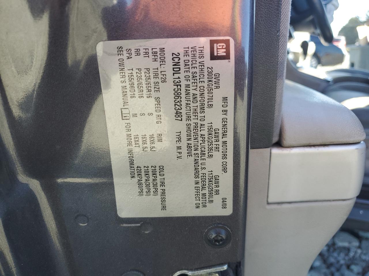 2008 Chevrolet Equinox Ls VIN: 2CNDL13F586323487 Lot: 91919845