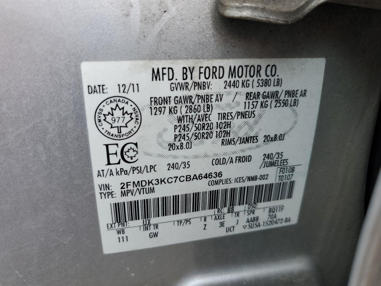 2012 Ford Edge Limited VIN: 2FMDK3KC7CBA64636 Lot: 93017115