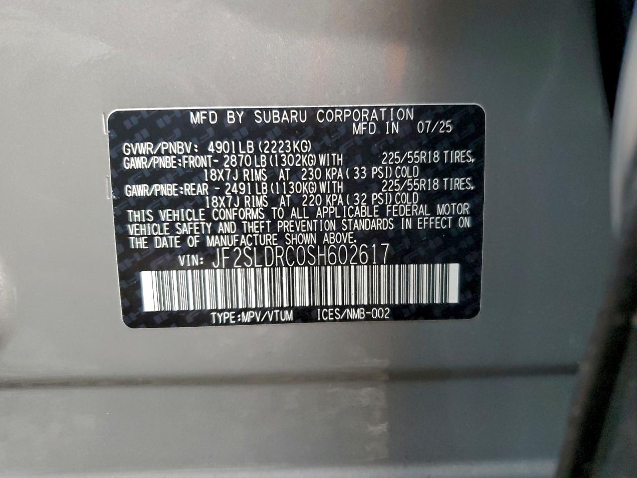 2025 Subaru Forester Limited VIN: JF2SLDRC0SH602617 Lot: 94041975