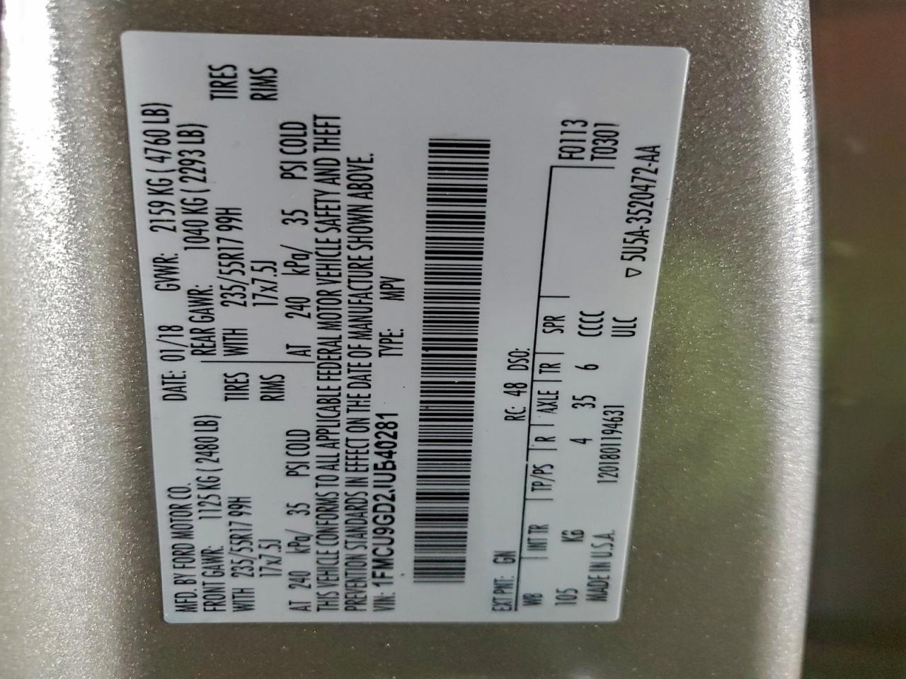 2018 Ford Escape Se VIN: 1FMCU9GD2JUB40281 Lot: 94390825