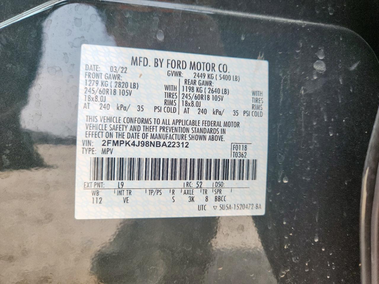 2022 Ford Edge Sel VIN: 2FMPK4J98NBA22312 Lot: 93180105