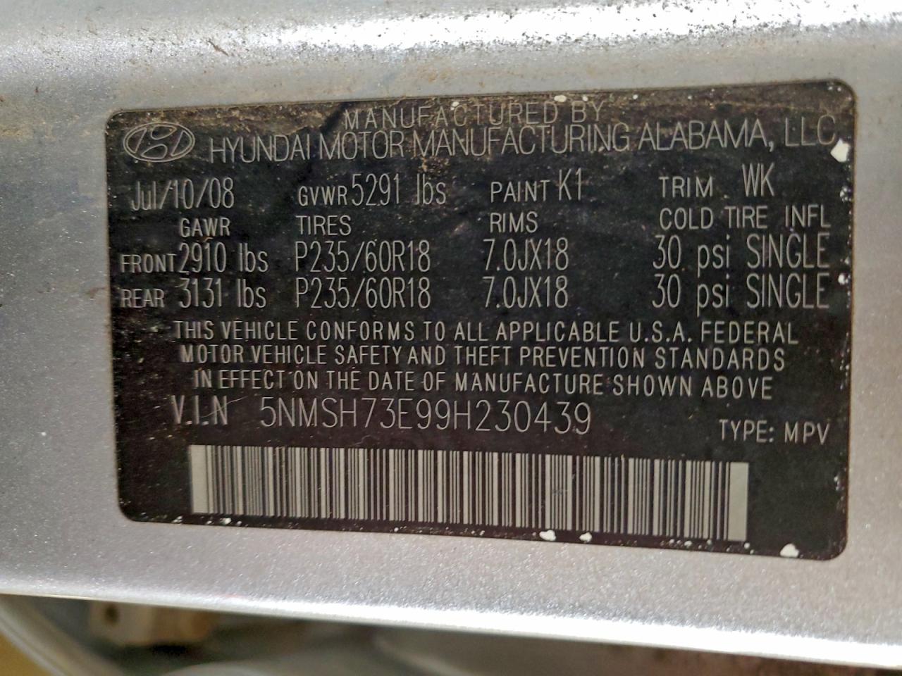 2009 Hyundai Santa Fe Se VIN: 5NMSH73E99H230439 Lot: 94145385