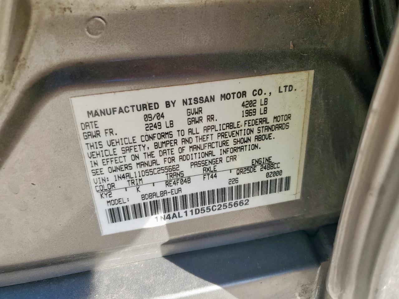 2005 Nissan Altima S VIN: 1N4AL11D55C255662 Lot: 91047805