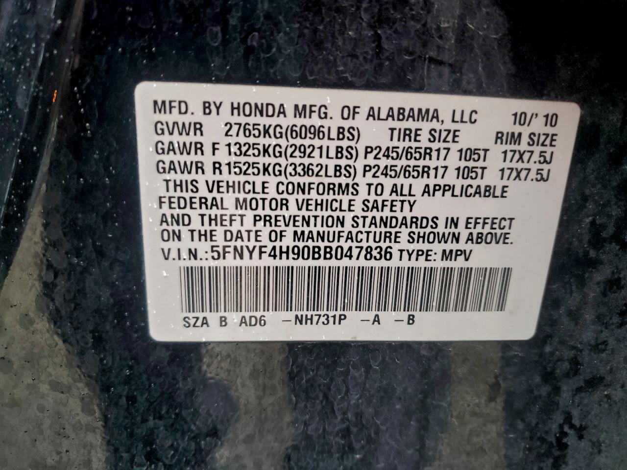 2011 Honda Pilot Touring VIN: 5FNYF4H90BB047836 Lot: 93284645