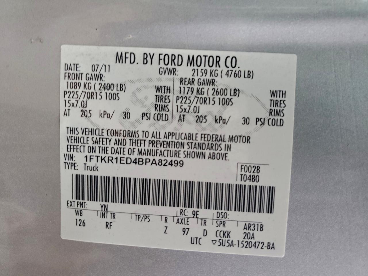 2011 Ford Ranger Super Cab VIN: 1FTKR1ED4BPA82499 Lot: 93653985