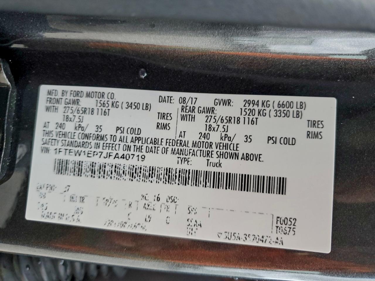 2018 Ford F150 Supercrew VIN: 1FTEW1EP7JFA40719 Lot: 94120455