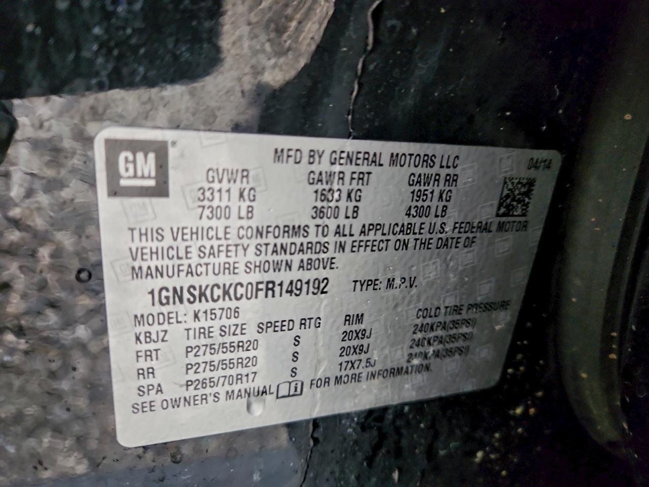 2015 Chevrolet Tahoe K1500 Ltz VIN: 1GNSKCKC0FR149192 Lot: 92807575