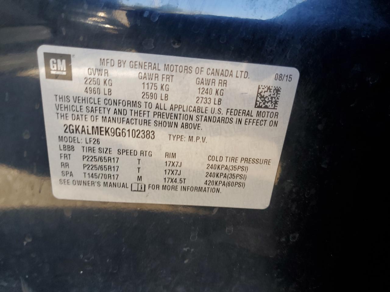 2016 GMC Terrain Sle VIN: 2GKALMEK9G6102383 Lot: 90319655