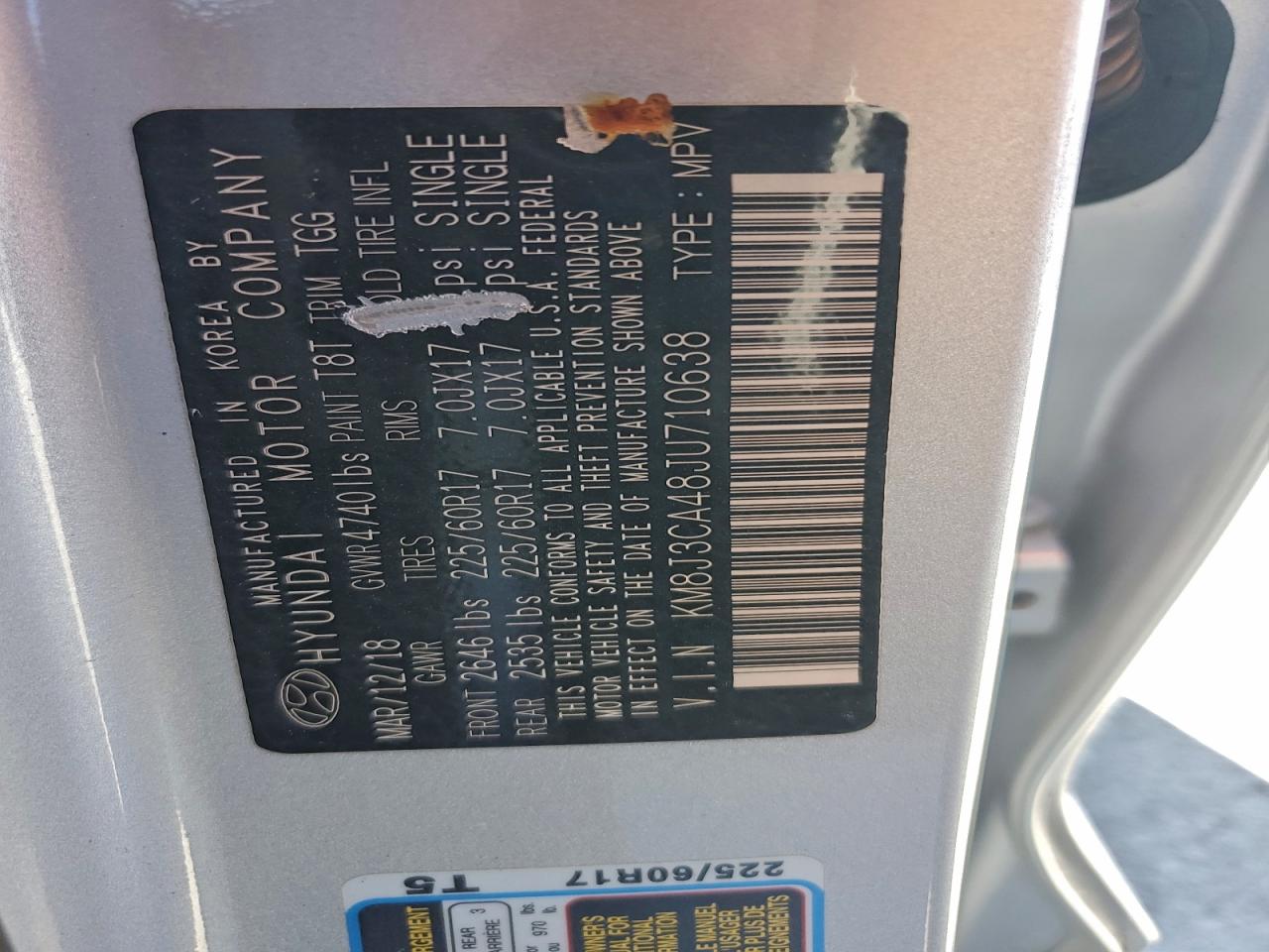 2018 Hyundai Tucson Sel VIN: KM8J3CA48JU710638 Lot: 94430035