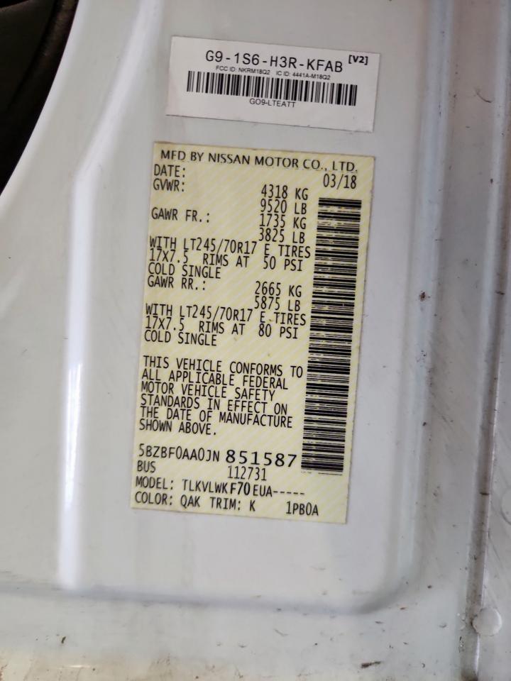 2018 Nissan Nv 3500 S VIN: 5BZBF0AA0JN851587 Lot: 92706595