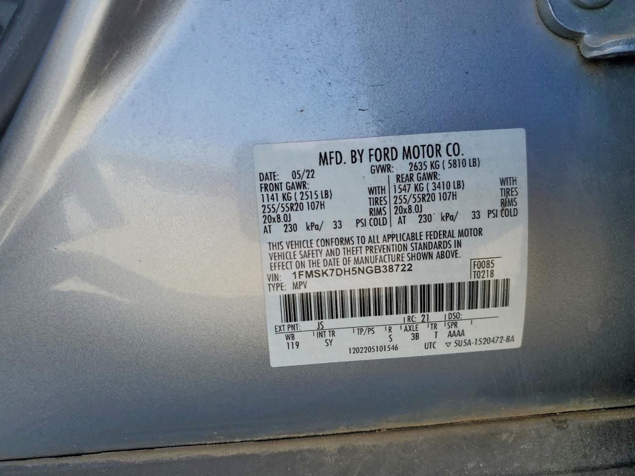 2022 Ford Explorer Xlt VIN: 1FMSK7DH5NGB38722 Lot: 94182795