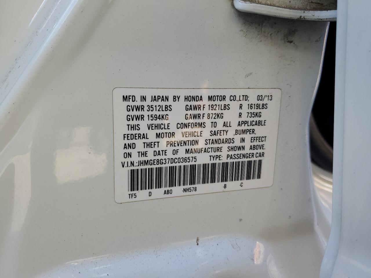 2013 Honda Fit VIN: JHMGE8G37DC036575 Lot: 93274475