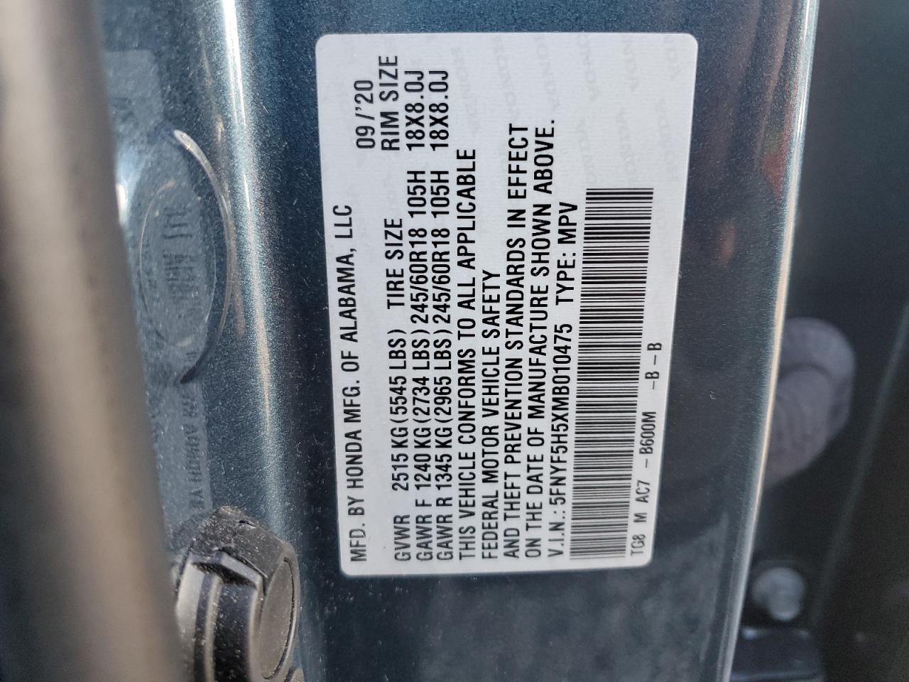 2021 Honda Pilot Exl VIN: 5FNYF5H5XMB010475 Lot: 91010235