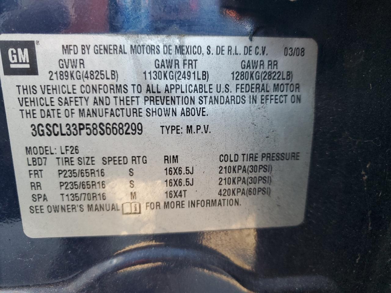 2008 Saturn Vue Xe VIN: 3GSCL33P58S668299 Lot: 92891075