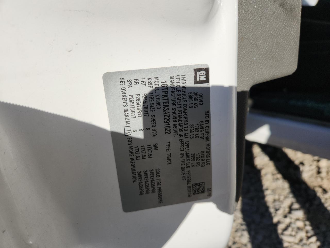 2010 GMC Sierra K1500 VIN: 1GTPKTEA3AZ291022 Lot: 90738645