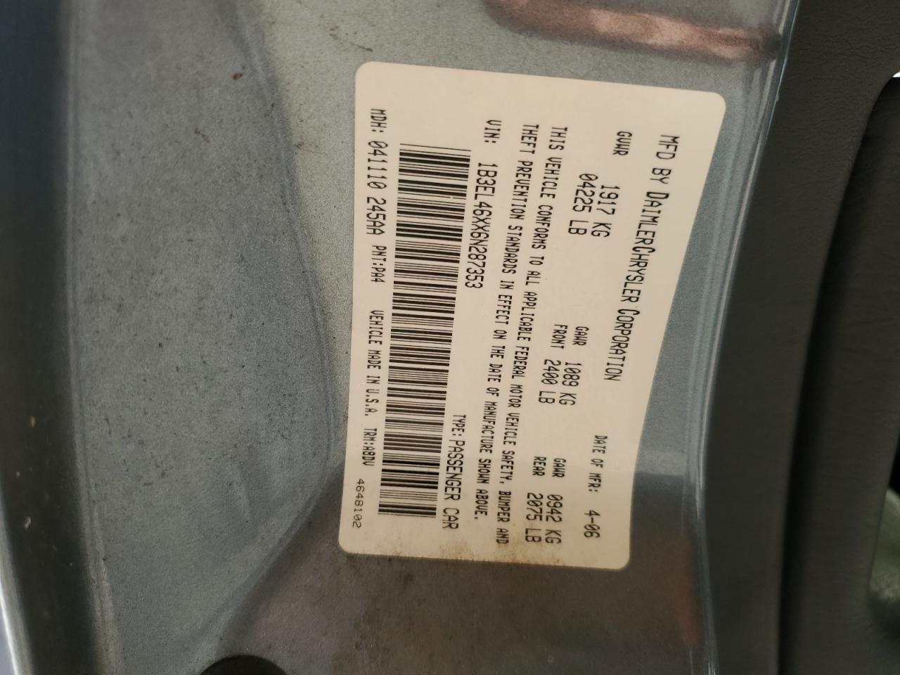 2006 Dodge Stratus Sxt VIN: 1B3EL46XX6N287353 Lot: 91110055