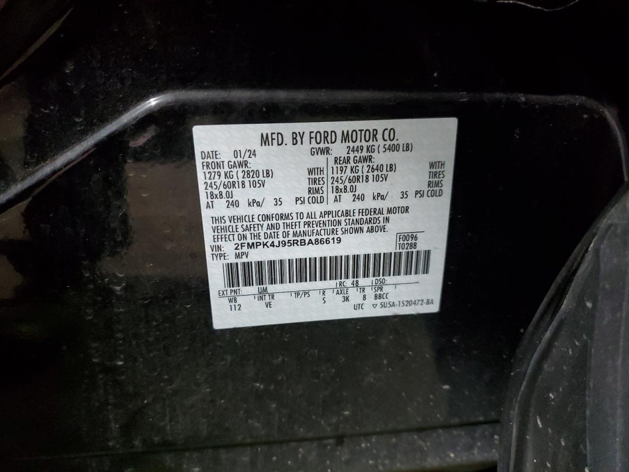 2024 Ford Edge Sel VIN: 2FMPK4J95RBA86619 Lot: 91833765