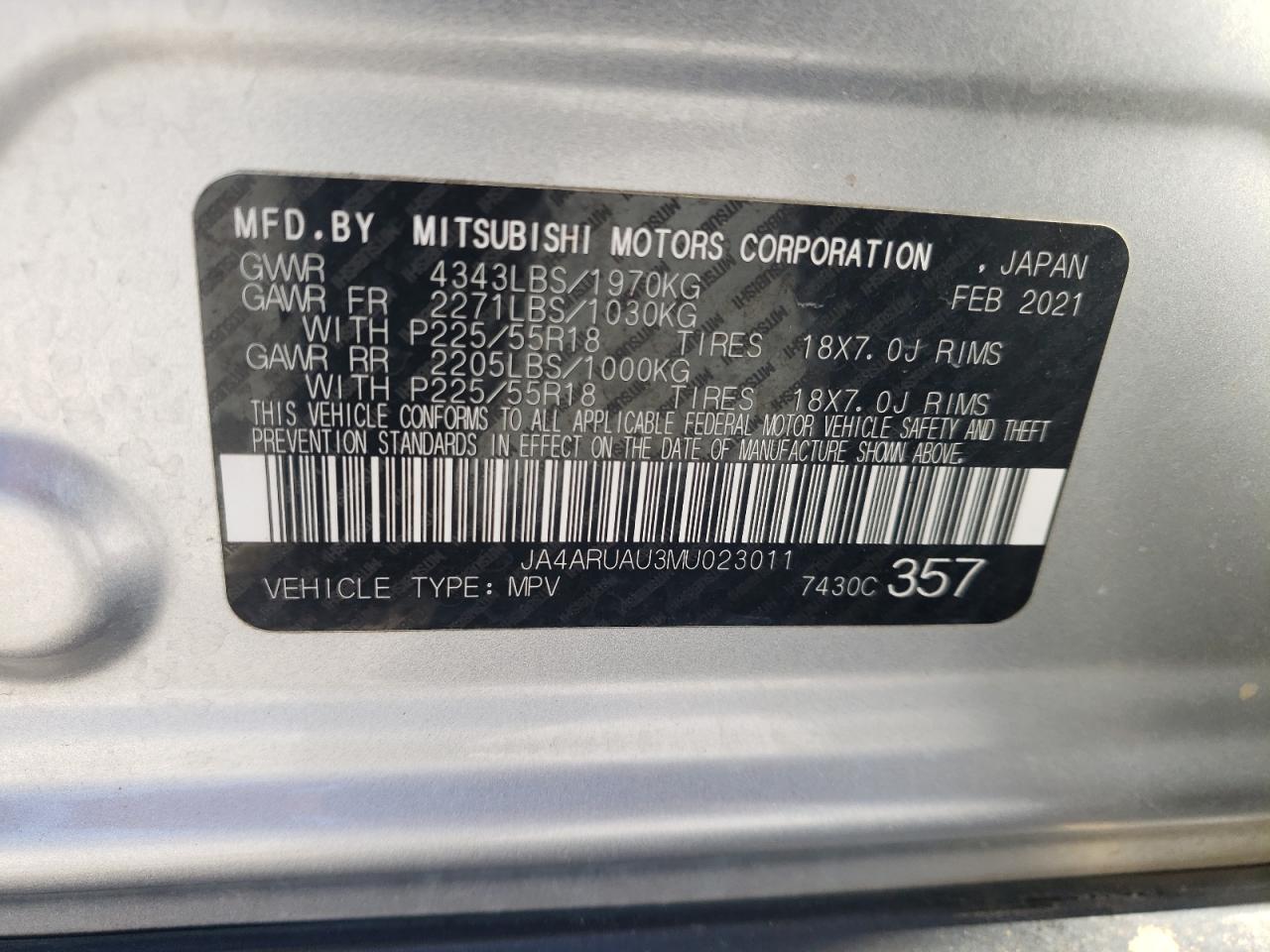 2021 Mitsubishi Outlander Sport Es VIN: JA4ARUAU3MU023011 Lot: 92883935