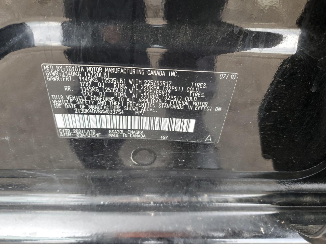 2010 Toyota Rav4 Limited VIN: 2T3DK4DV8AW033754 Lot: 92834705