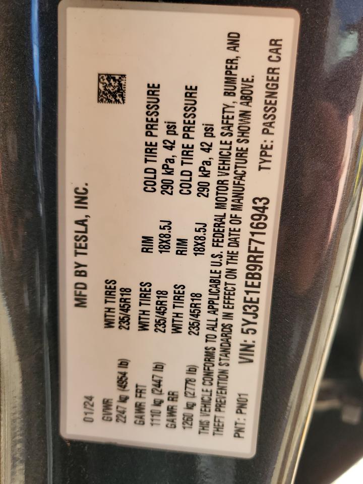 2024 Tesla Model 3 VIN: 5YJ3E1EB9RF716943 Lot: 91200155