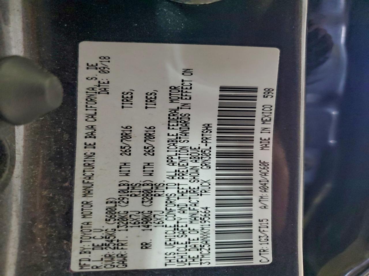 2019 Toyota Tacoma Double Cab VIN: 3TMCZ5ANXKM195664 Lot: 94574015