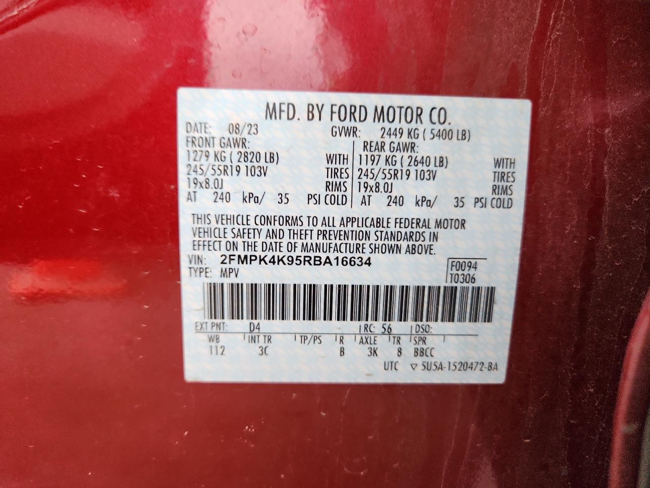 2024 Ford Edge Titanium VIN: 2FMPK4K95RBA16634 Lot: 93220985