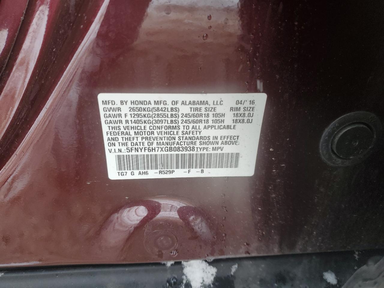 2016 Honda Pilot Exln VIN: 5FNYF6H7XGB083938 Lot: 92248475