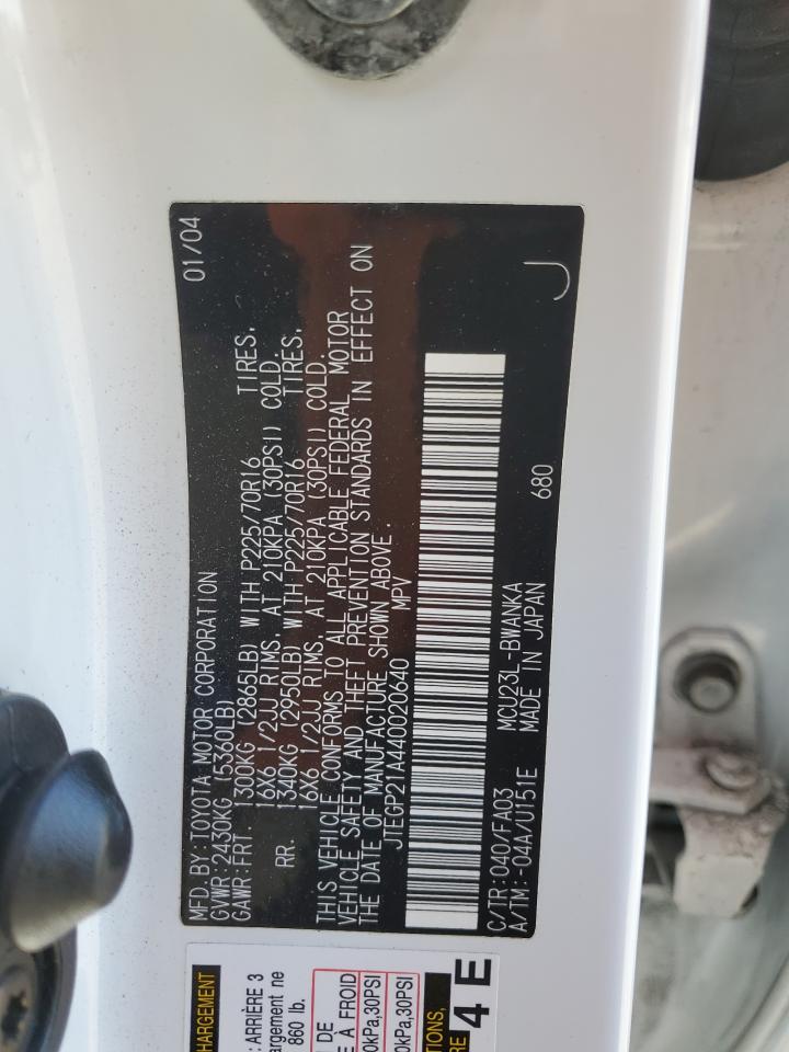 2004 Toyota Highlander Base VIN: JTEGP21A440020640 Lot: 93428235