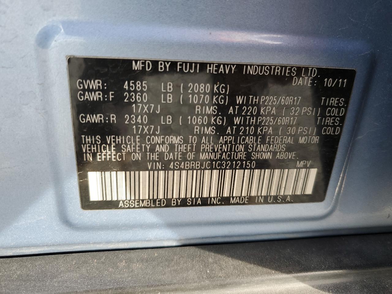 2012 Subaru Outback 2.5I Limited VIN: 4S4BRBJC1C3212150 Lot: 93231295