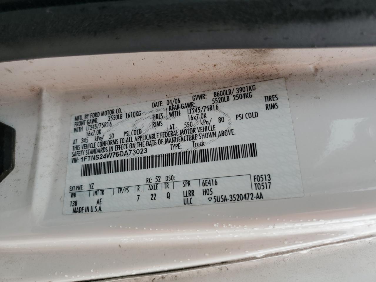 2006 Ford Econoline E250 Van VIN: 1FTNS24W76DA73023 Lot: 93226535