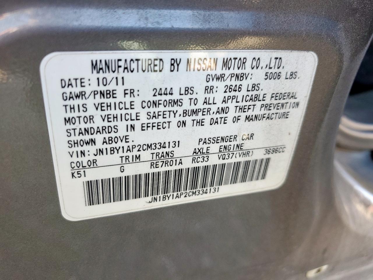 2012 Infiniti M37 VIN: JN1BY1AP2CM334131 Lot: 90392615