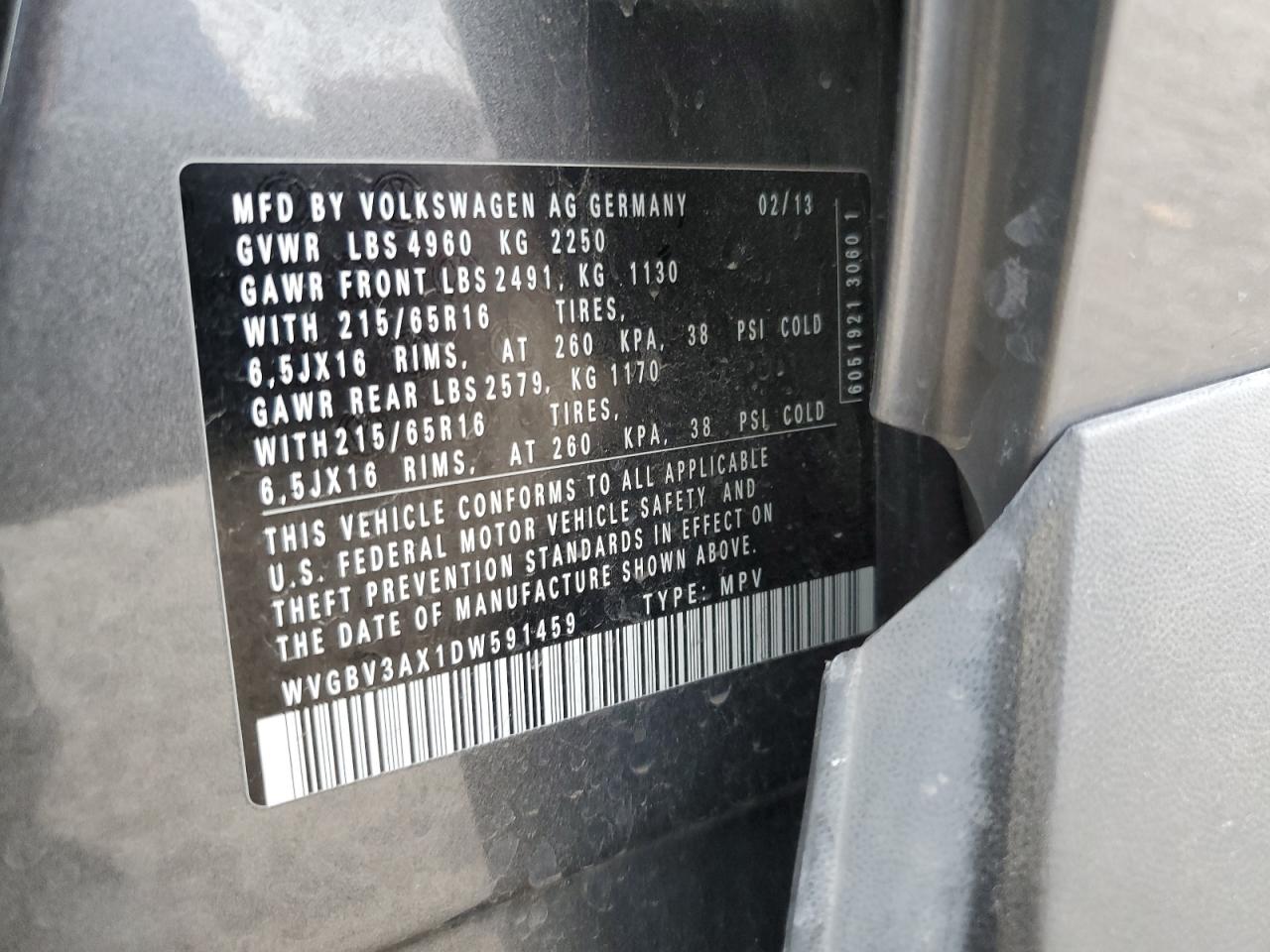 2013 Volkswagen Tiguan S VIN: WVGBV3AX1DW591459 Lot: 93069265