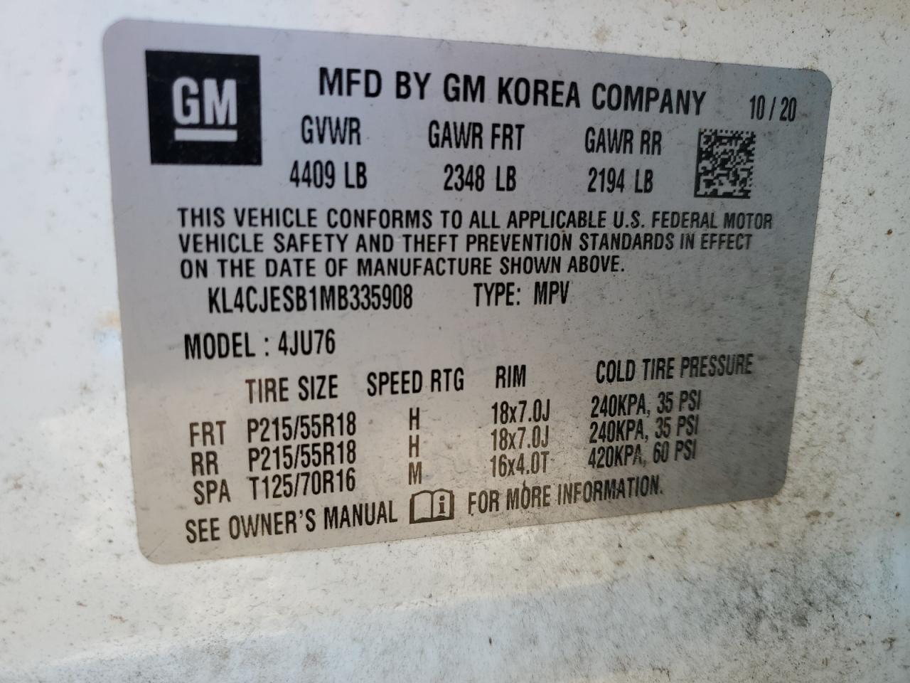 2021 Buick Encore Preferred VIN: KL4CJESB1MB335908 Lot: 91452395