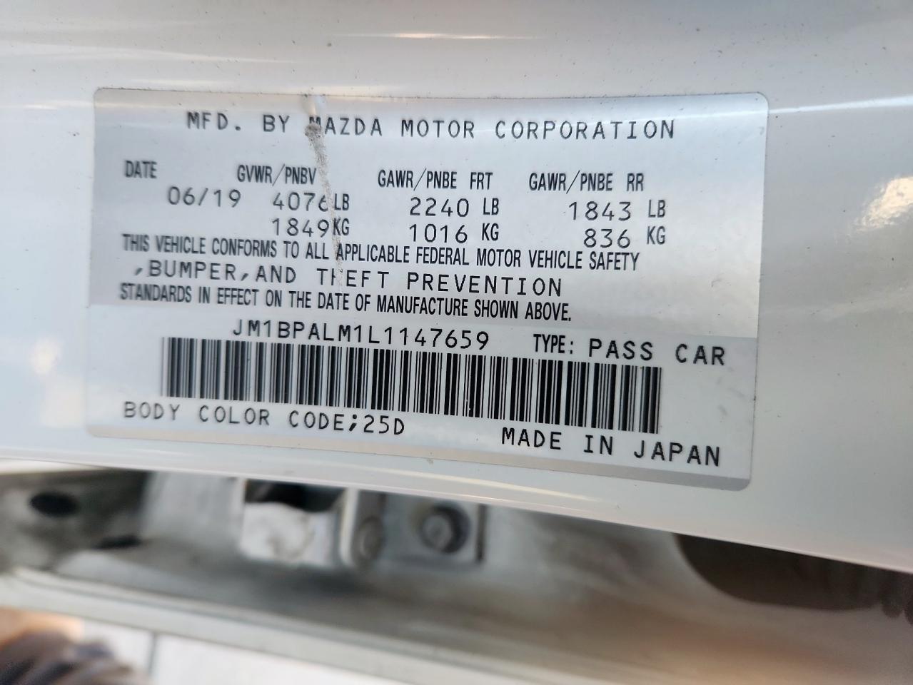 2020 Mazda 3 VIN: JM1BPALM1L1147659 Lot: 91051315