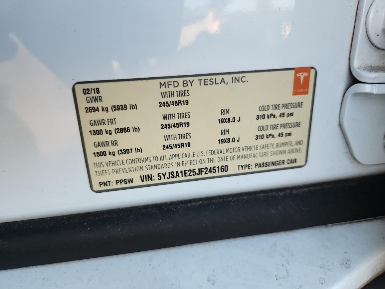 2018 Tesla Model S VIN: 5YJSA1E25JF245160 Lot: 93814435