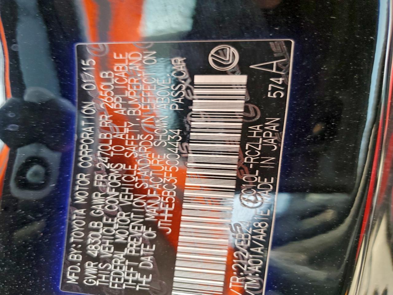 2015 Lexus Rc 350 VIN: JTHHE5BC3F5004434 Lot: 92936185