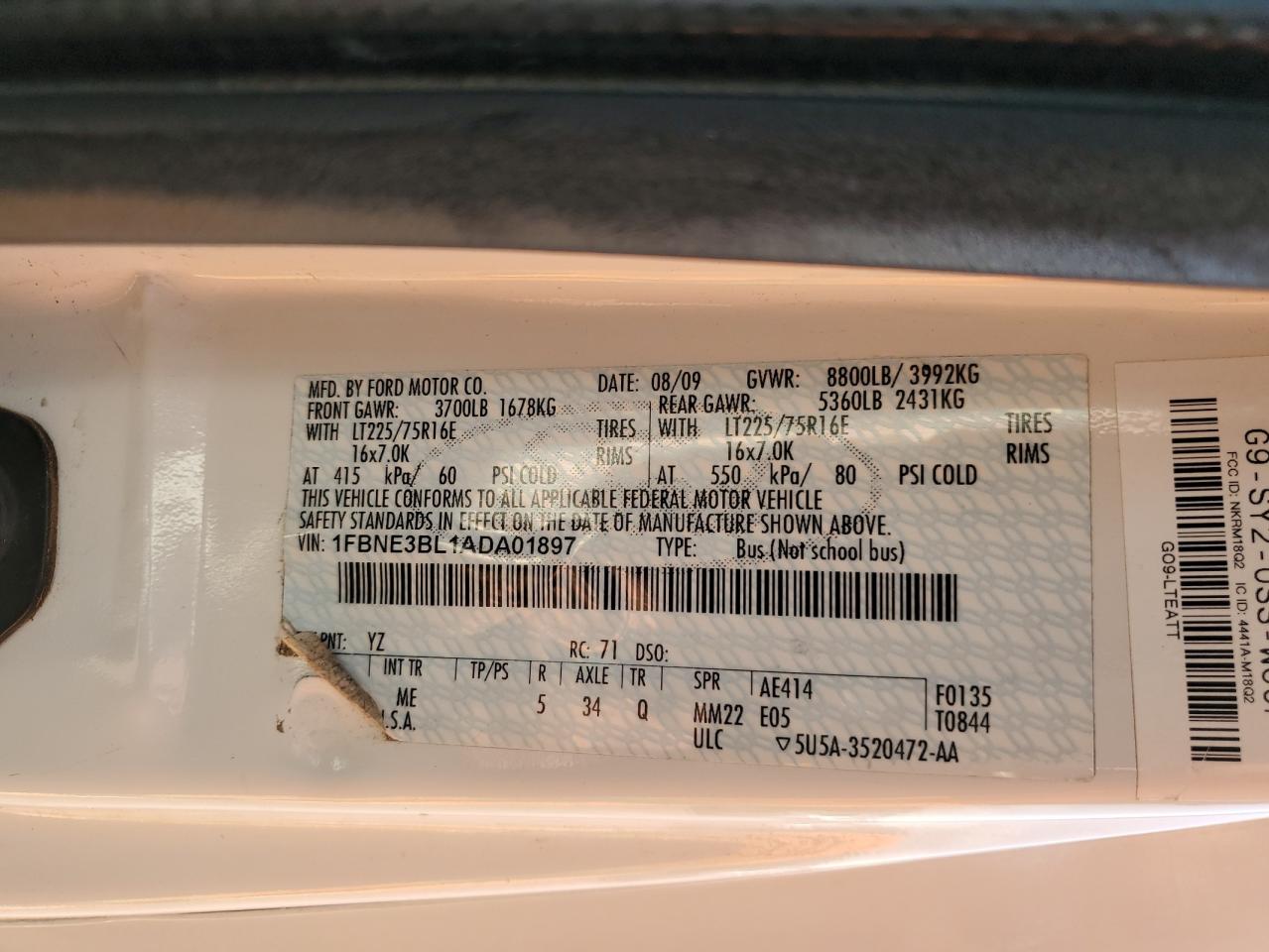 2010 Ford Econoline E350 Super Duty Wagon VIN: 1FBNE3BL1ADA01897 Lot: 91507515