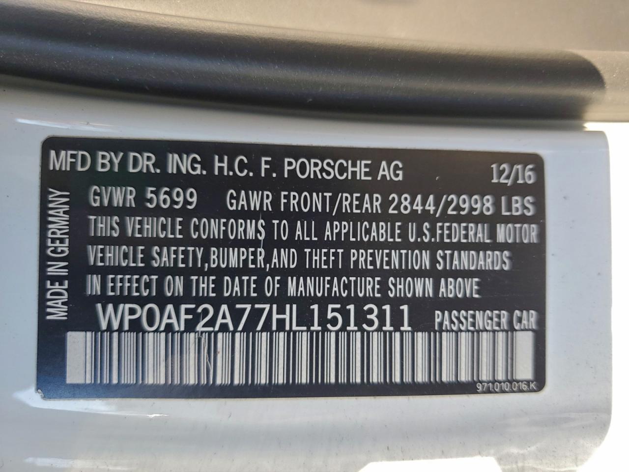 2017 Porsche Panamera Turbo VIN: WP0AF2A77HL151311 Lot: 93872095