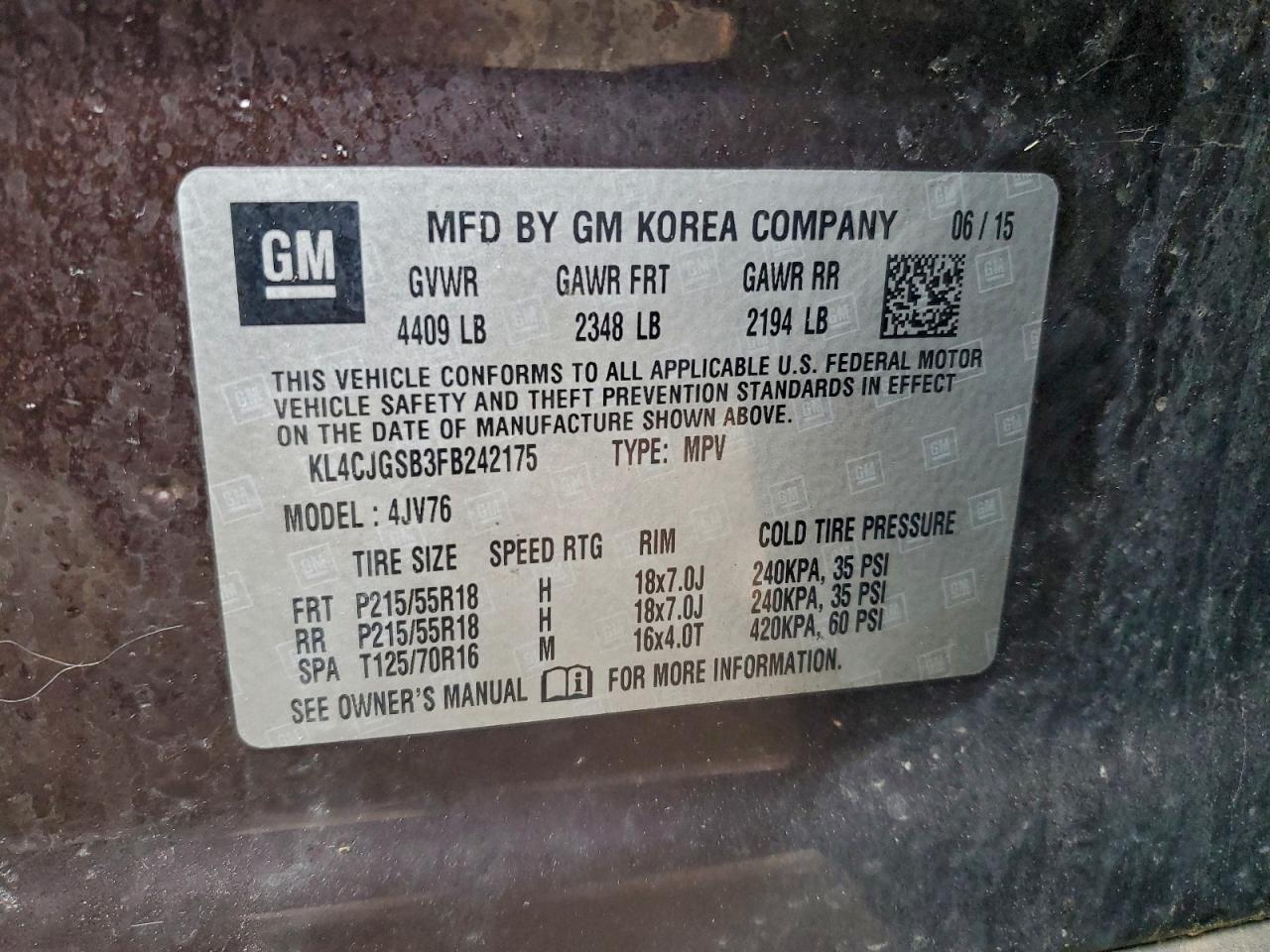 2015 Buick Encore VIN: KL4CJGSB3FB242175 Lot: 87393555